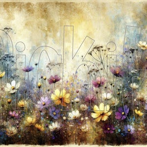May include: A watercolor painting of a field of wildflowers in shades of purple, pink, white, and yellow. The flowers are in bloom and the background is a soft, blurred watercolor wash.