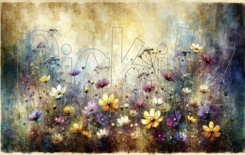 May include: A watercolor painting of a field of wildflowers in shades of purple, pink, white, and yellow. The flowers are in bloom and the background is a soft, blurred watercolor wash.