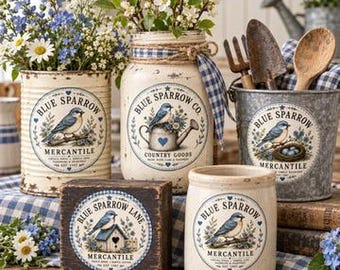 Blue Sparrow Round Labels, 4 Styles , Primitive Farmhouse, Instant Download, Printable 8x8, Sublimation Decoupage Cans Labels