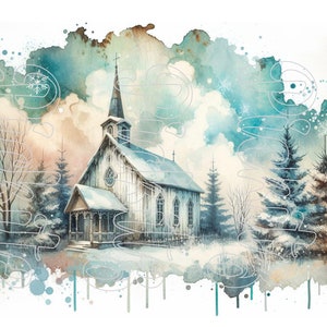 Old Church Winter Scene, Farmhouse, Instant Download, Printable, Sublimation Decoupage Cans Labels