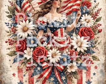 Patriotic Lady, Primitive Farmhouse, Instant Download, Printable, Sublimation Decoupage Cans Labels