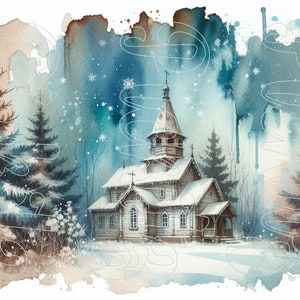 Old Church Winter Scene, Farmhouse, Instant Download, Printable, Sublimation Decoupage Cans Labels