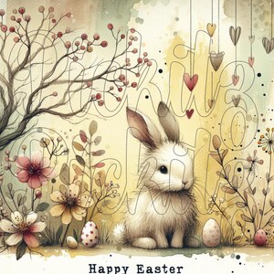 May include: A watercolor illustration of a white bunny rabbit sitting in a field of flowers and surrounded by Easter eggs. The background is a soft yellow with a watercolor wash. The text "Happy Easter" is written at the bottom of the image.