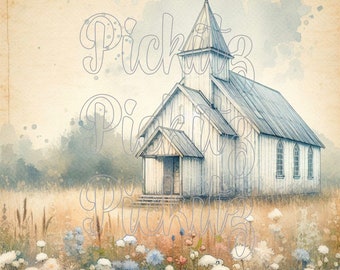 Könnte beinhalten: Ein Aquarellbild einer weißen Kirche mit einem Kirchturm und einem Kreuz auf der Spitze. Die Kirche ist von einem Feld mit Wildblumen in Blautönen, Weiß und Rosa umgeben. Der Hintergrund ist ein weicher, verblasster Aquarell-Wasch in Blau und Braun.