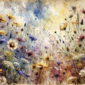 May include: A watercolor painting of a field of wildflowers in shades of blue, purple, yellow, and white. The flowers are arranged in a random pattern and are surrounded by a soft, watercolor background.
