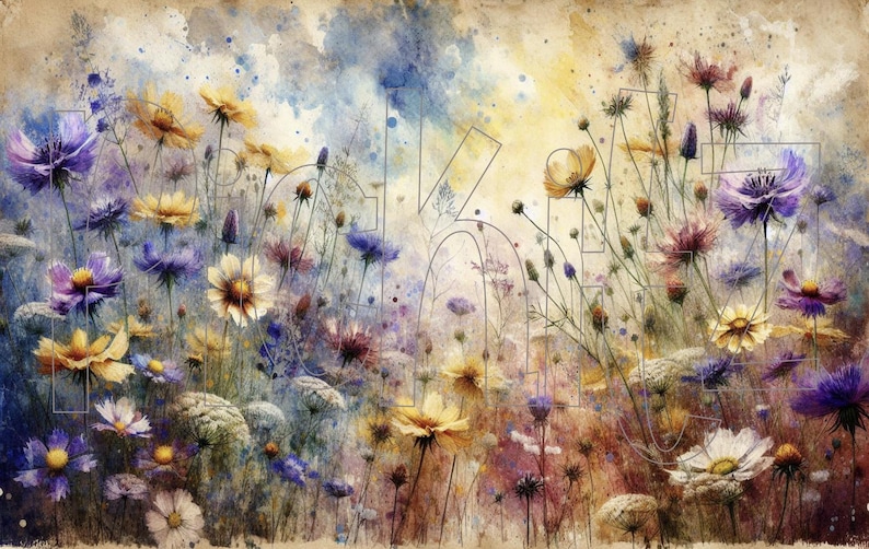 May include: A watercolor painting of a field of wildflowers in shades of blue, purple, yellow, and white. The flowers are arranged in a random pattern and are surrounded by a soft, watercolor background.