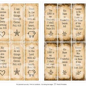 May include: Set of vintage-style bookmarks with inspirational quotes from the Bible. Each bookmark features a different verse, along with decorative elements like crosses, hearts, stars, and sheep.