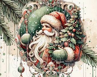 May include: A vintage-style illustration of Santa Claus with a white beard and red hat, holding a candy cane and standing in front of a green Christmas tree. The illustration is surrounded by a decorative frame with ornate details.