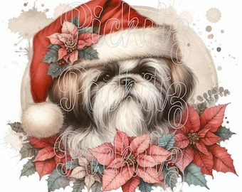 Shih Tzu, Santa Hat, Christmas, Farmhouse, Instant Download, Printable, Sublimation Decoupage Cans Labels