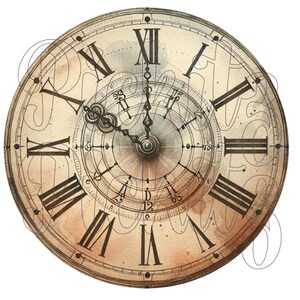 May include: A vintage-style clock face with Roman numerals and a detailed inner circle. The clock face is cream-colored with brown accents and has a distressed, aged look.