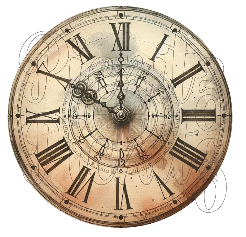 May include: A vintage-style clock face with Roman numerals and a detailed inner circle. The clock face is cream-colored with brown accents and has a distressed, aged look.
