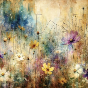 May include: A watercolor painting of a field of wildflowers in shades of yellow, purple, and white. The flowers are painted with a soft, dreamy effect, and the background is a muted brown.