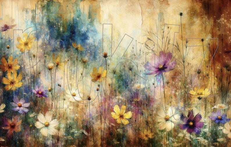 May include: A watercolor painting of a field of wildflowers in shades of yellow, purple, and white. The flowers are painted with a soft, dreamy effect, and the background is a muted brown.