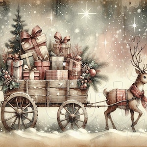 May include: Watercolor illustration of a festive Christmas scene. A wooden cart filled with wrapped gifts and greenery is pulled by a reindeer through a snowy landscape. The gifts are adorned with red ribbons.