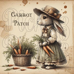 Könnte beinhalten: Ein Cartoon-Kaninchen mit einem Strohhut und einem Kleid hält einen Strauß Karotten in einem Korb. Der Text "Carrot Patch" ist auf dem Hintergrund geschrieben.