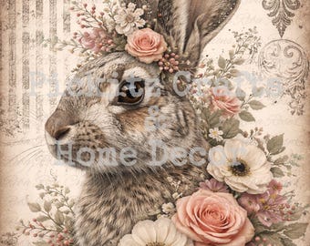 Bunny and Flowers, Rabbit, Farmhouse, Instant Download, Printable 8x8, Sublimation Decoupage Cans Labels