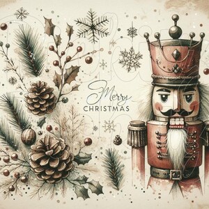 May include: A vintage Christmas card featuring a watercolor illustration of a nutcracker soldier with a red and gold uniform, a crown, and a mustache. The background includes a green pine branch with pine cones and red berries, and the text "Merry Christmas".