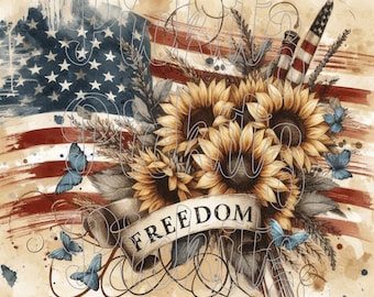 May include: A watercolor painting of an American flag with sunflowers and butterflies. The sunflowers are arranged in a bouquet with a banner that reads "FREEDOM".