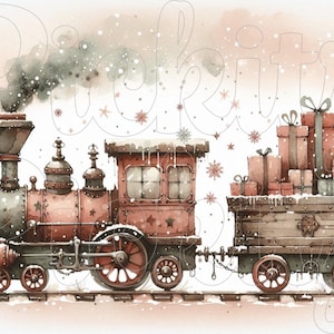 May include: A vintage red and brown steam train engine pulling a wooden box car filled with wrapped gifts. The train is decorated with snow and is travelling through a snowy landscape. The words "Prokitz" are written in the background.