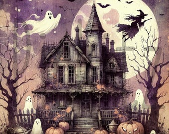 Haunted House, Primitive Farmhouse, Instant Download, Printable 8x8, Sublimation Decoupage Cans Labels