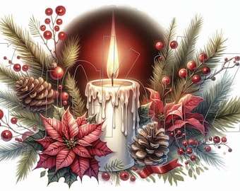 May include: A white candle with a red and green poinsettia, pine cones, and red berries. The candle is lit and the flame is visible. The background is a dark red.
