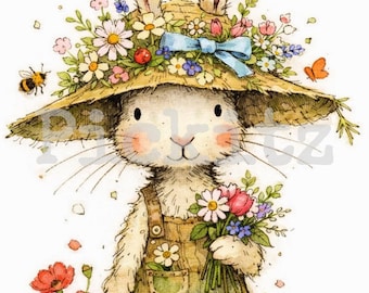 Bunny with Flowers Hat, Rabbit, Farmhouse, Instant Download, Printable 8x8, Sublimation Decoupage Cans Labels