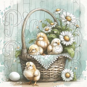 Zestaw Chicks in a Basket, 4 Style, Farmhouse, Natychmiastowe pobieranie, Do druku 8x8, Etykiety do puszek metodą sublimacji decoupage
