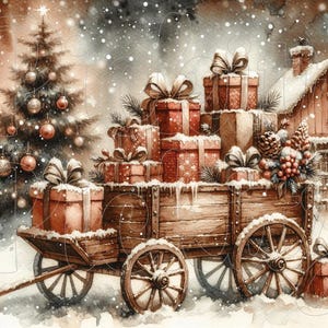 Puede incluir: Un carro de madera lleno de regalos envueltos se encuentra en una escena invernal nevada. El carro está decorado con nieve y tiene una rueda de madera. Un árbol de Navidad con adornos se encuentra en el fondo.