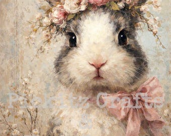 Bunny with Flowers Printable, Farmhouse Rabbit Art (8x8, Instant Download PNG File)