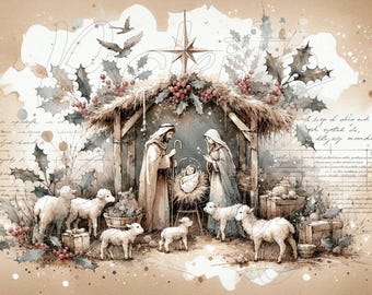 Manger Scene Bundle, 3 Styles, Farmhouse, Instant Download, Printable, Sublimation Decoupage Cans Labels