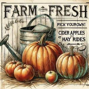 May include: A vintage-style illustration of a farm scene with pumpkins, a watering can, and the text "Farm Fresh Pick Your Own! Cider Apples & Hay Rides".