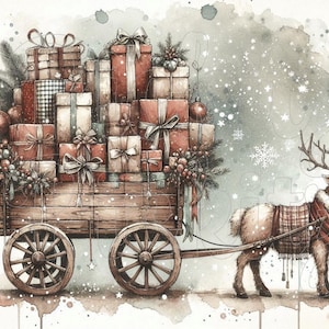 May include: A vintage wooden wagon filled with wrapped gifts, pulled by a reindeer with a red and black plaid scarf. The wagon and reindeer are set against a snowy, watercolor background.