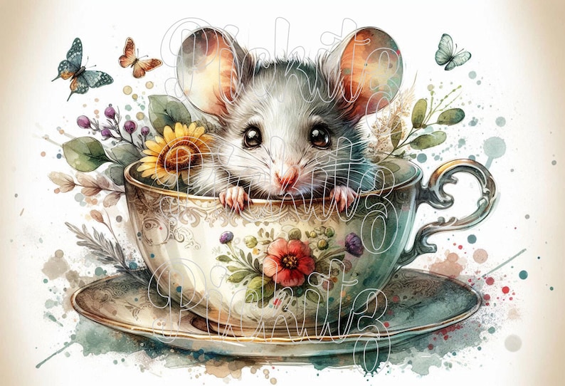Mouse In Teacup Mouse in a Tea Cup, 4 Styles Primitive Farmhouse, Instant Download ...