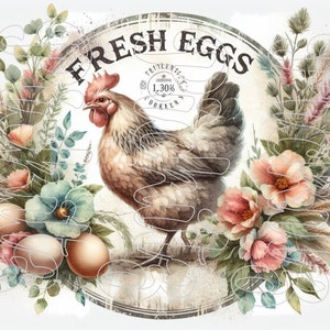 May include: A vintage-style illustration of a hen with a red comb and wattle, surrounded by a wreath of flowers and wheat stalks. The text "FRESH EGGS" is written in a decorative font on a circular background. Three brown eggs are visible in the bottom left corner.