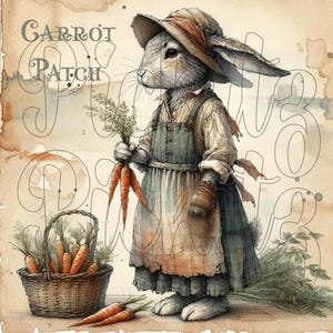 Puede incluir: Ilustración en acuarela de un conejo vestido con ropa vintage, sosteniendo zanahorias y cerca de una cesta de zanahorias. La imagen tiene el texto "Carrot Patch". La obra de arte tiene un fondo de papel rústico y envejecido.
