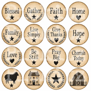 May include: Sixteen circular decorative buttons with a vintage aesthetic. Each button displays a word such as "Blessed" or "Family", accompanied by a star, heart, or laurel wreath. The buttons have a distressed, aged appearance, with a sepia tone.