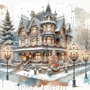 Viktorianisches Haus Weihnachtsszene Bundle, 4 Styles, primitives Bauernhaus, sofortiger Download, bedruckbar, Decoupage Dosenetiketten