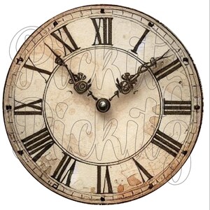 May include: A vintage clock face with Roman numerals and black hands. The clock face is cream colored with a distressed look and has a brown outer ring.