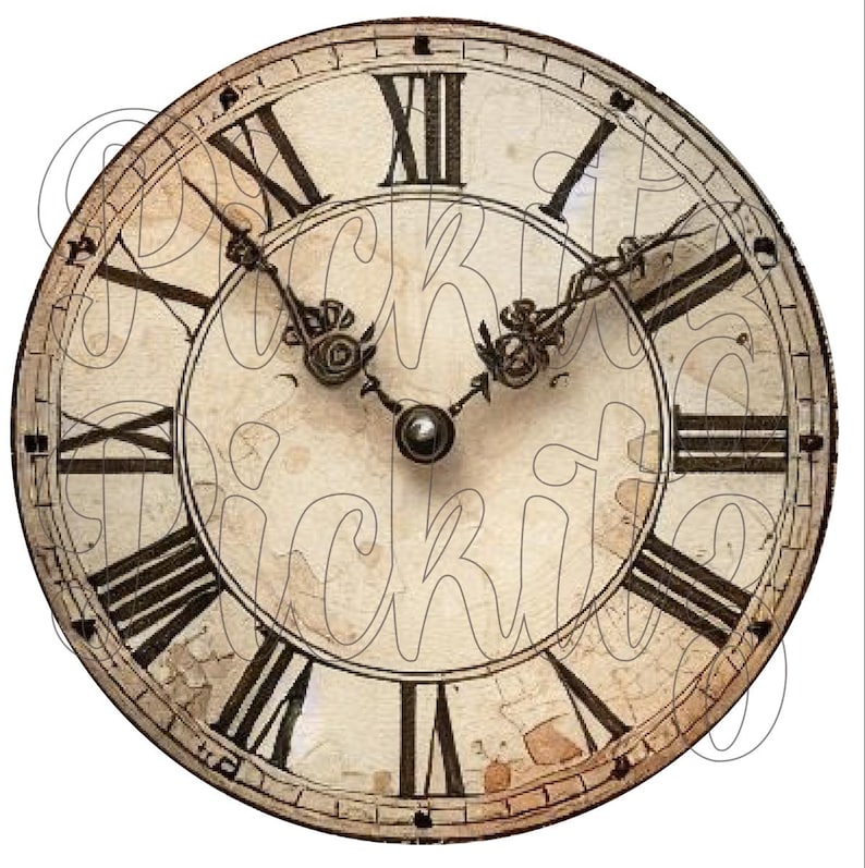 May include: A vintage clock face with Roman numerals and black hands. The clock face is cream colored with a distressed look and has a brown outer ring.