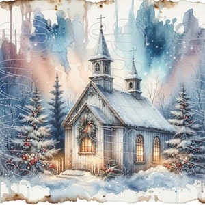 Alte Kirche Winterszene Bundle, 4 Stile, Bauernhaus, Sofortiger Download, druckbar, Sublimations-Decoupage-Dosenetiketten
