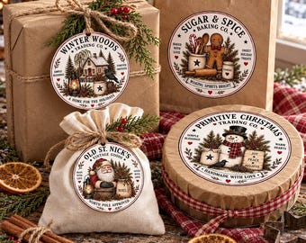 Primitive Christmas Round Labels, 24 Styles , Primitive Farmhouse, Instant Download, Printable, Sublimation Decoupage Cans Labels