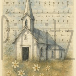 K&ouml;nnte beinhalten: Ein Aquarellbild einer wei&szlig;en Kirche mit einem Kirchturm, umgeben von Wildblumen. Die Kirche ist vor dem Hintergrund einer Notenblatt mit dem Text des Kirchenliedes "Amazing Grace" dargestellt.