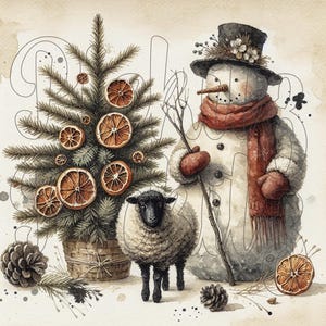 Könnte beinhalten: Ein Aquarellbild eines Schneemanns mit rotem Schal und schwarzem Zylinder, der neben einem kleinen Schaf und einem Topf-Weihnachtsbaum steht, der mit getrockneten Orangenscheiben geschmückt ist.