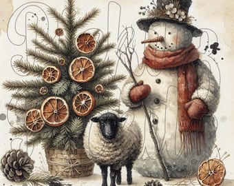 Primitive Snowman, Christmas Tree and Sheep, Farmhouse, Instant Download, Printable, Sublimation Decoupage Cans Labels