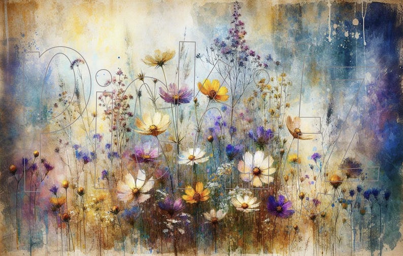 May include: A watercolor painting of a field of wildflowers in shades of purple, blue, yellow, and white. The flowers are painted in a realistic style, with delicate details and soft colors.