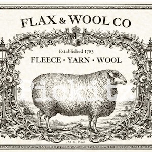 Puede incluir: Ilustración de estilo antiguo para Flax & Wool Co. con una oveja en un marco decorativo, con el texto "FLEECE • YARN • WOOL" y "Established 1783". La imagen es en blanco y negro.