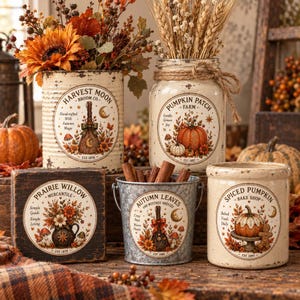May include: A collection of autumn-themed decor including a cream-colored tin with a Harvest Moon label, a glass jar with a Pumpkin Patch label and twine, a dark wood sign with a Prairie Willow label, a metal bucket, and a cream ceramic crock.
