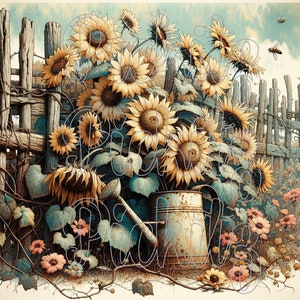 Wilted Sunflowers Bundle, 4 Styles, Primitive Farmhouse, Instant Download, Printable 8x8, Sublimation Decoupage Cans Labels