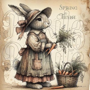 May include: A cartoon rabbit wearing a dress and a hat holds a bunch of carrots and a single carrot. The rabbit is standing in front of a basket full of carrots. The text "SPRING THYME" is written in the upper right corner of the image.