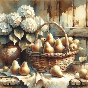 Set di pere in un cesto, 4 stili, stile rustico primitivo, download immediato, stampabili, etichette per lattine con decoupage a sublimazione